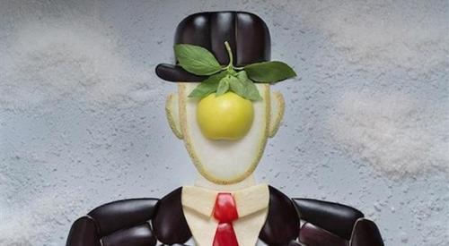 The Son of Man by Rene Magritte using fruit, vegetables and rice