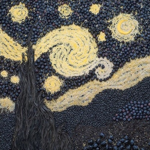 The Starry Night by Vincent Van Gogh using wild rice, pasta and grapes