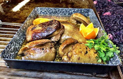 Large goose livers are pan fried and stuffed
